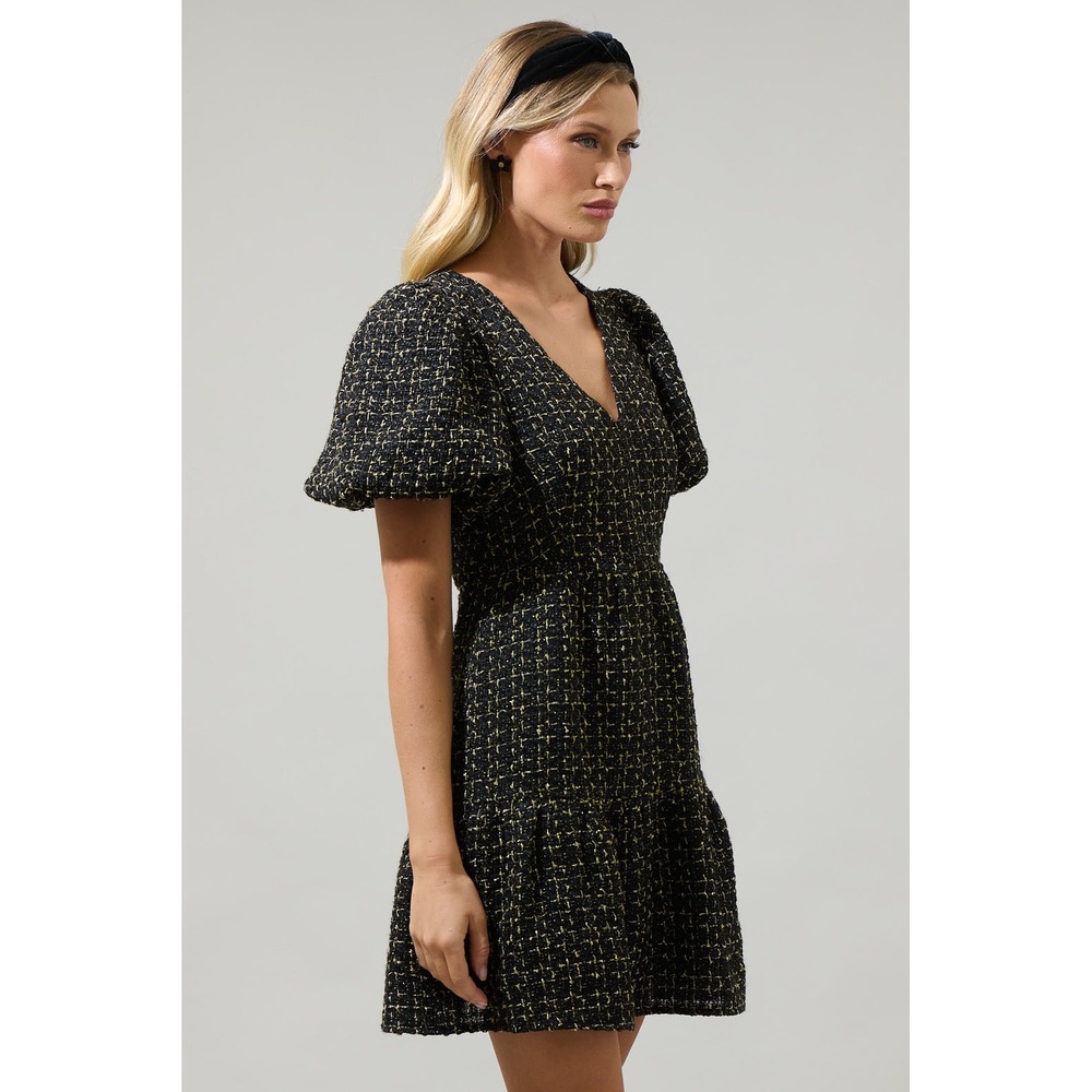 NWT Sugarlips Carrol Zaylee Tweed May Tiered Mini Dress Black Gold Puff Sleeve M